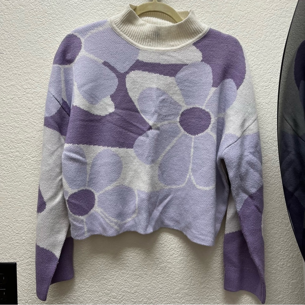 Fun Purple Floral Mock Neck Sweater